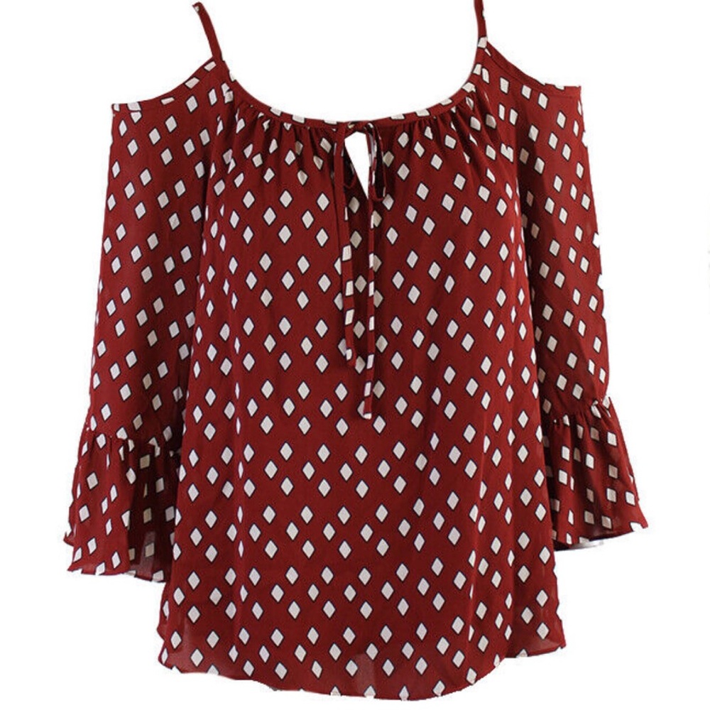 Inc International Concepts Women's Red Cold-Shoulder Polka-Dot Blouse Sz 10